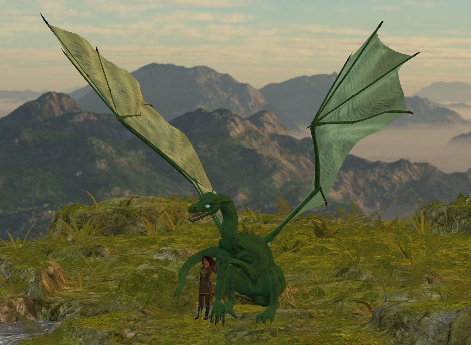 A picture of a green dragon and her rider.